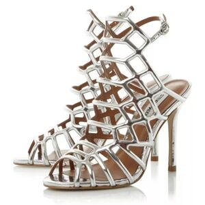 Steve Madden silver metallic caged heeled sandals sz: 9.5 "Flither" NIB!